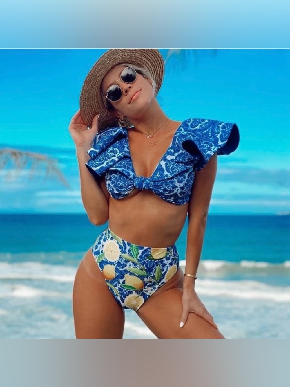 NEW Blue Ruffle Lemon High-Waist Bikini set size Small